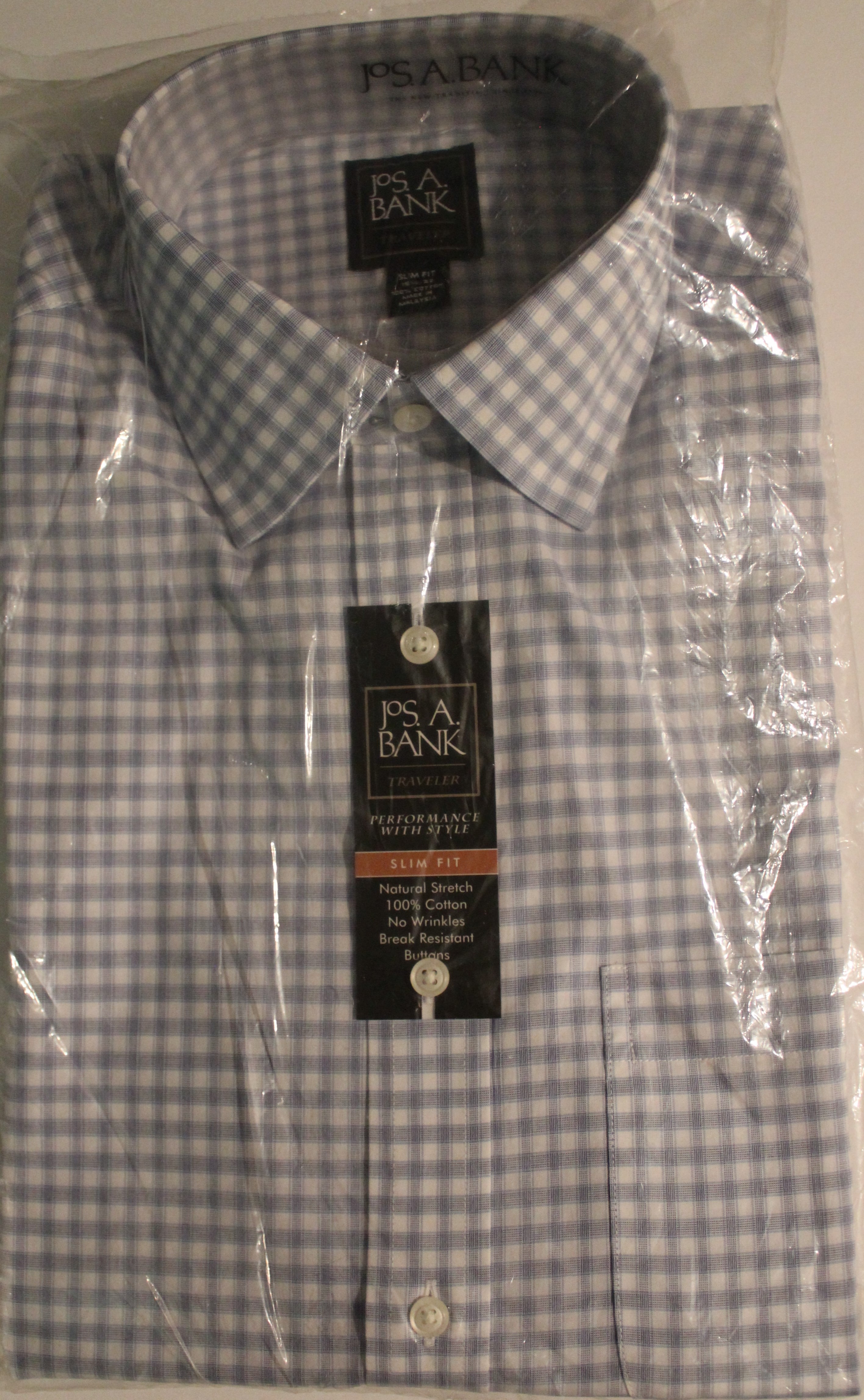 Men Dress Shirt "JoS A BANK" Size 15.5/32 Blue Check Slim Fit 100% Cotton NEW