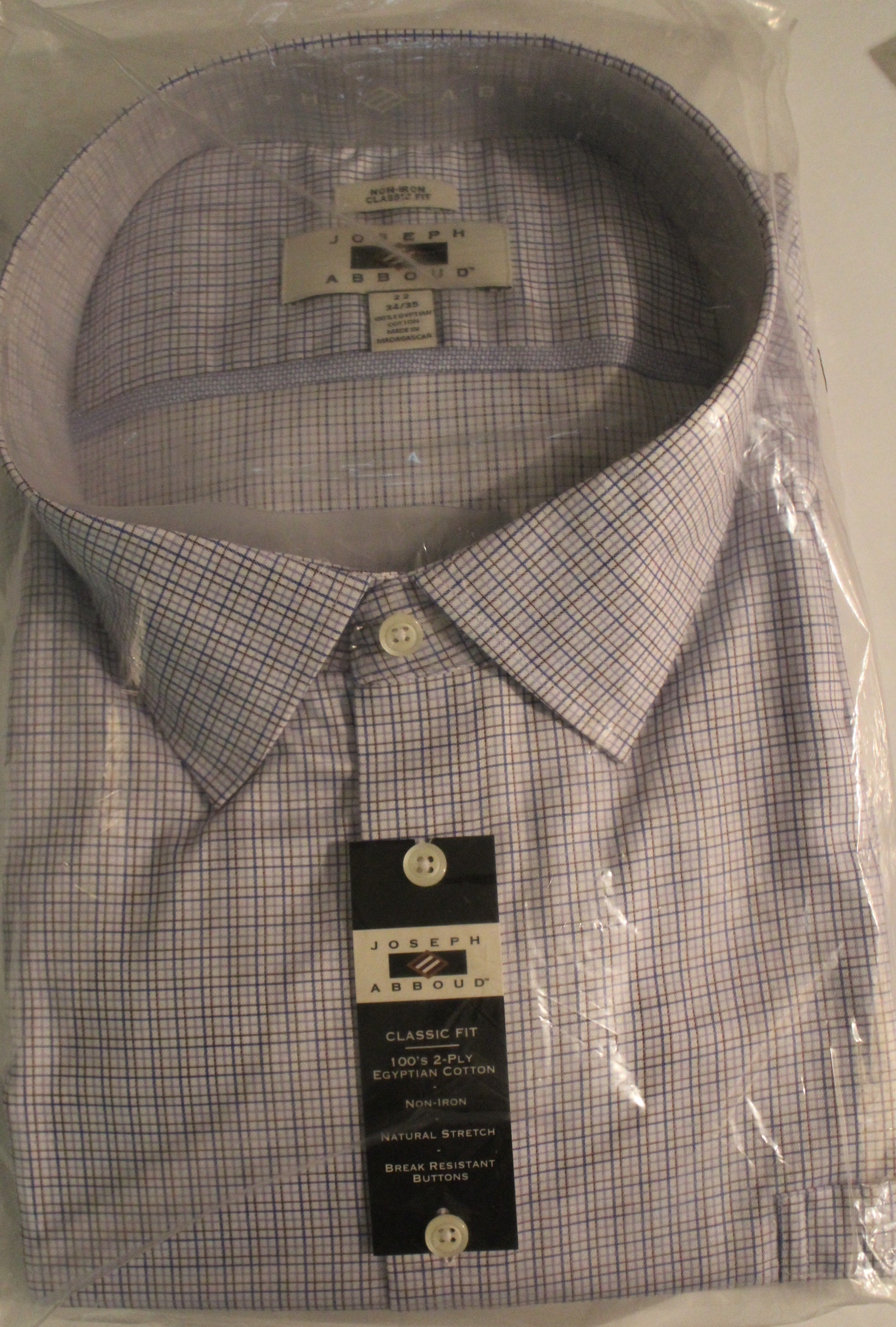 Men.s Dress Shirt "JOSEPH ABOUD" Size 22-34/35 Check 100% 2 Ply Egyptian Cotton