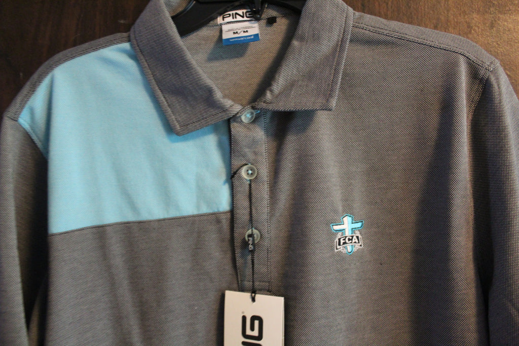 Men Short Sleeve Polo "PING"Size Medium GrayButton Front