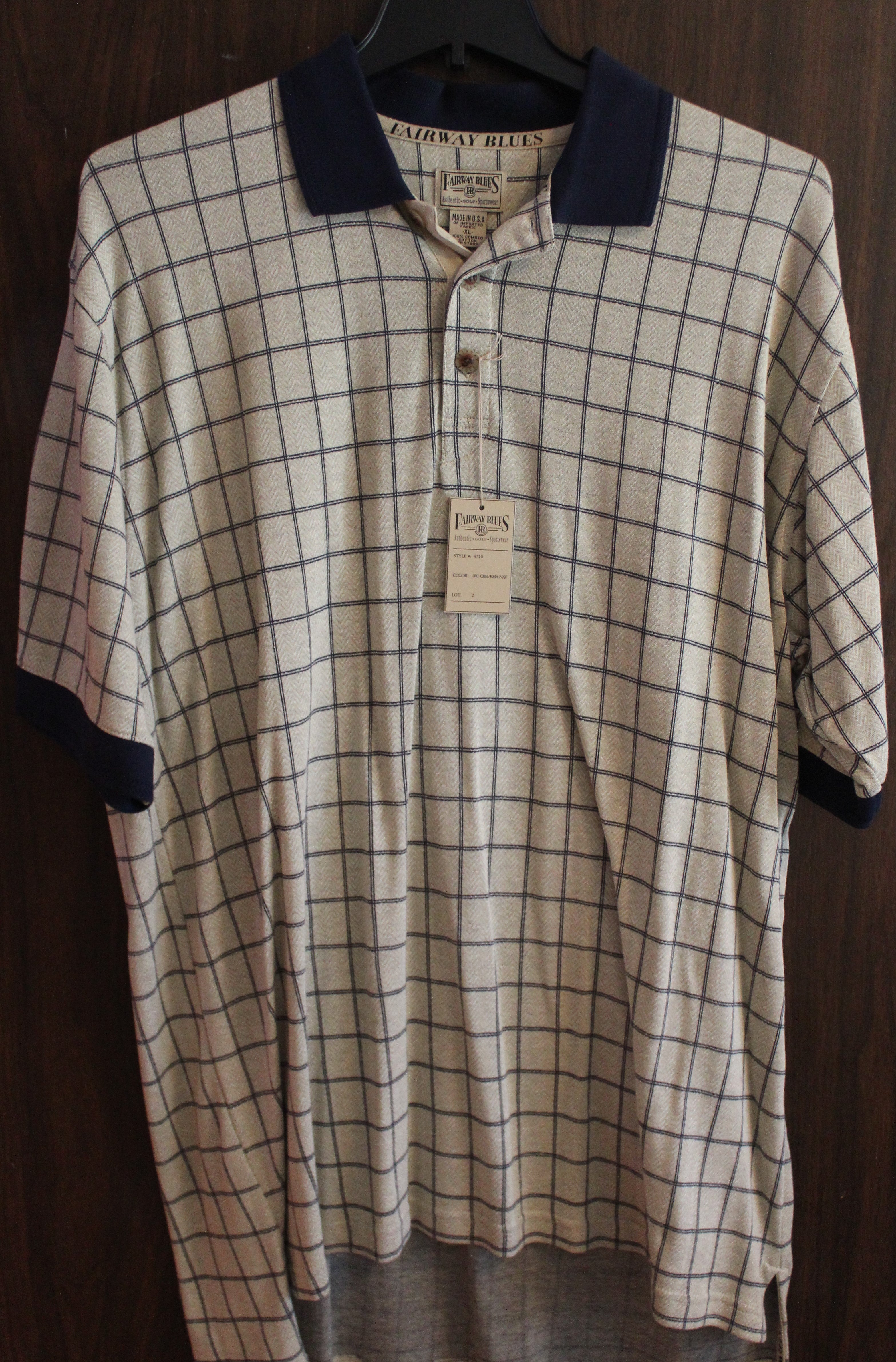 MEN Short Sleeve Polo "FAIRWAY BLUES" Size X-LARGE Tan/Blue NWT