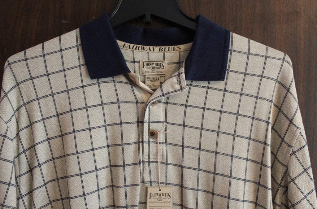 MEN Short Sleeve Polo "FAIRWAY BLUES" Size X-LARGE Tan/Blue NWT