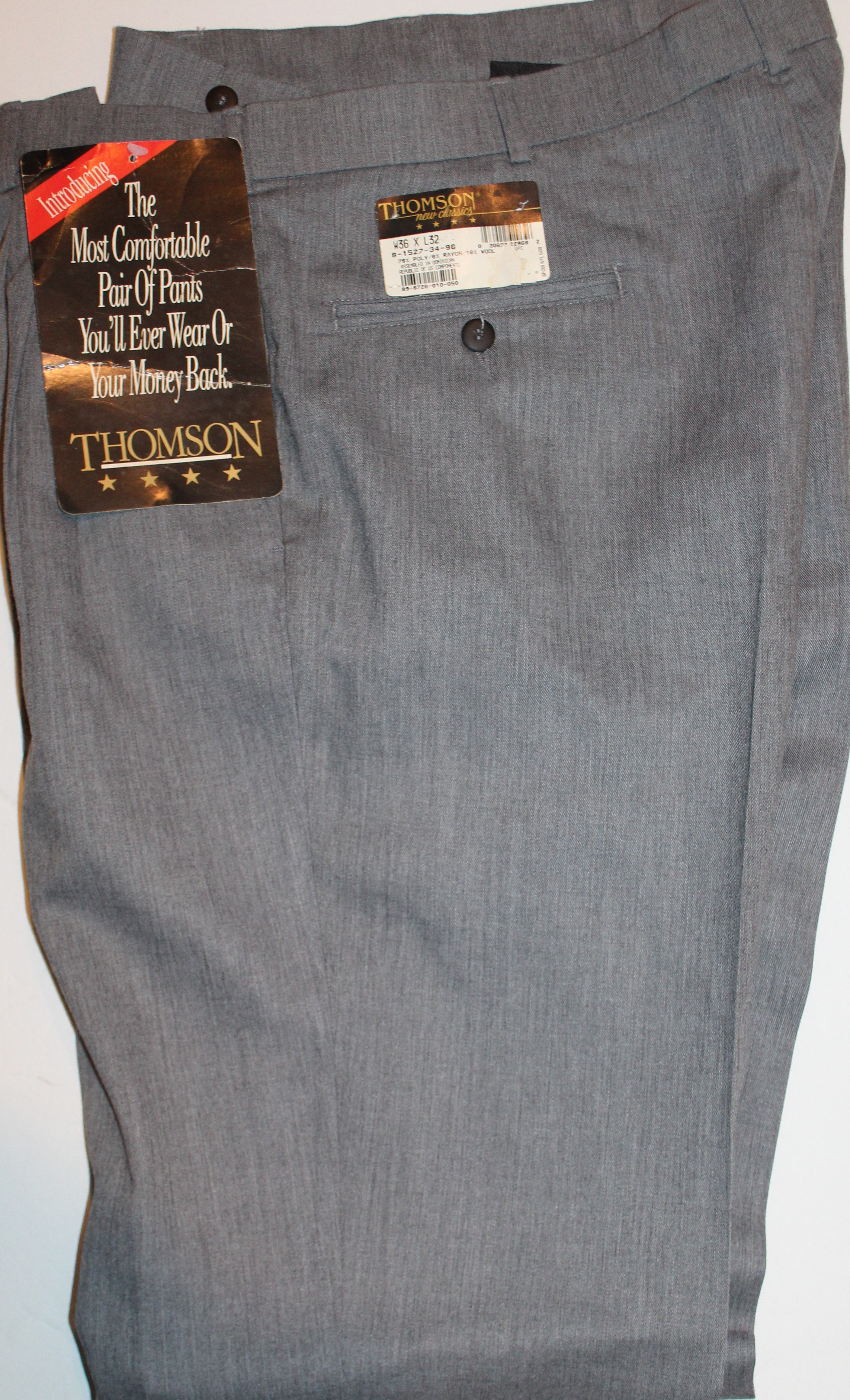 Men Slacks "THOMPSON" Size 36X32 Gray Pleated Cuffed NWT