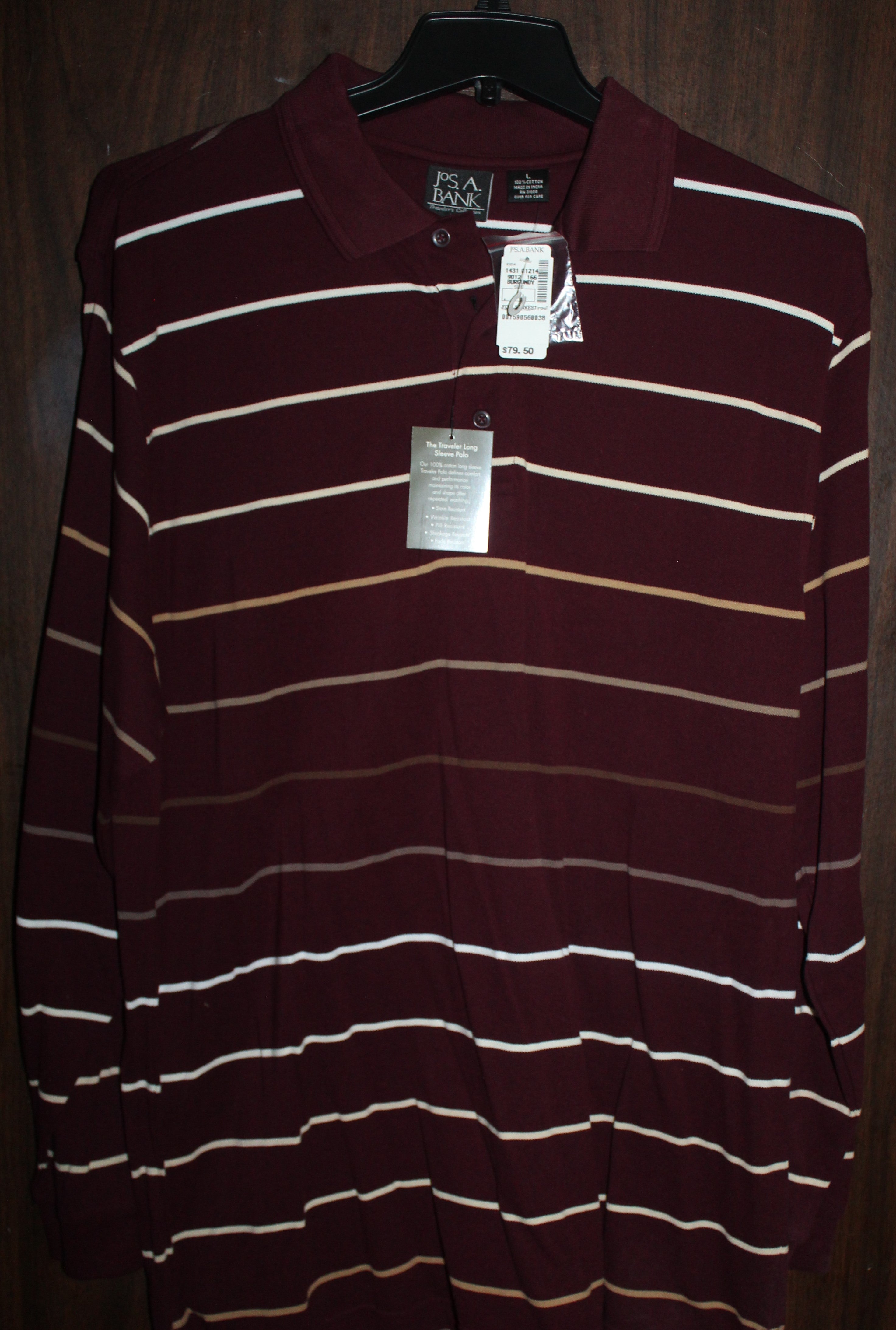 Men Long Sleeve Polo "JoS.A.BANK" Size LARGE Burgandy NWT