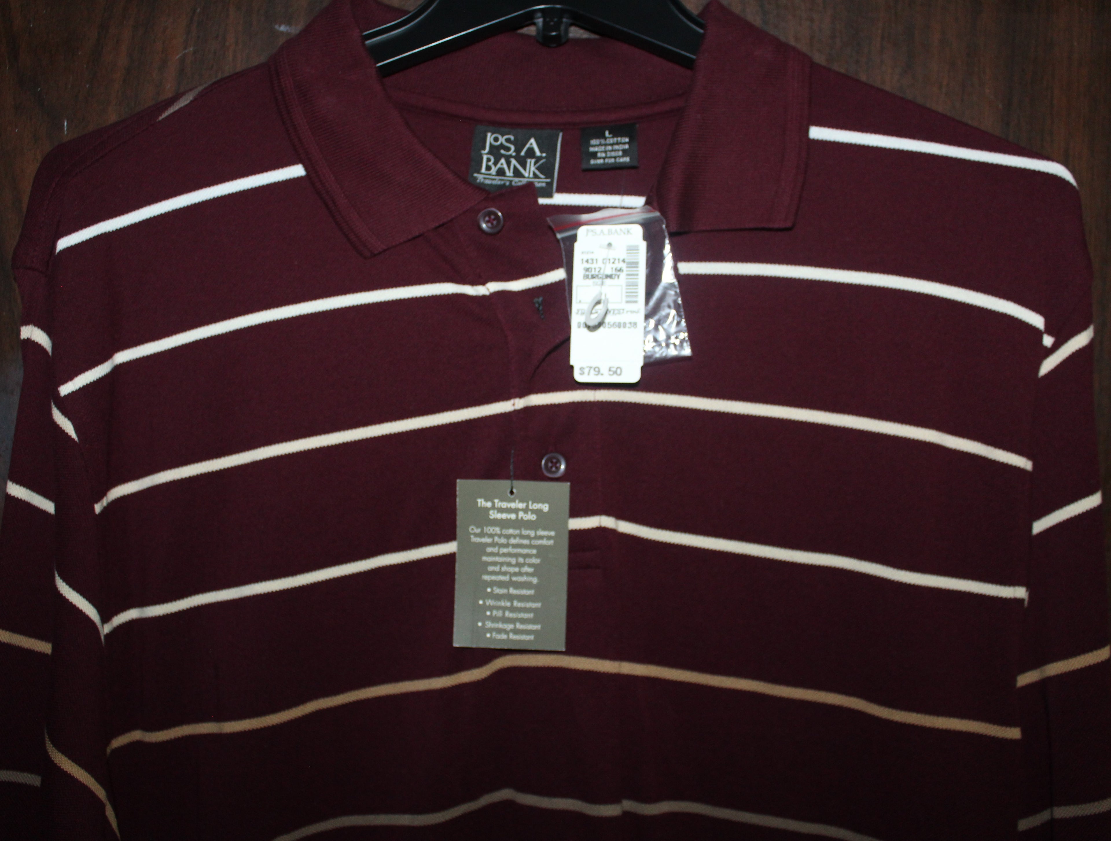 Men Long Sleeve Polo "JoS.A.BANK" Size LARGE Burgandy NWT