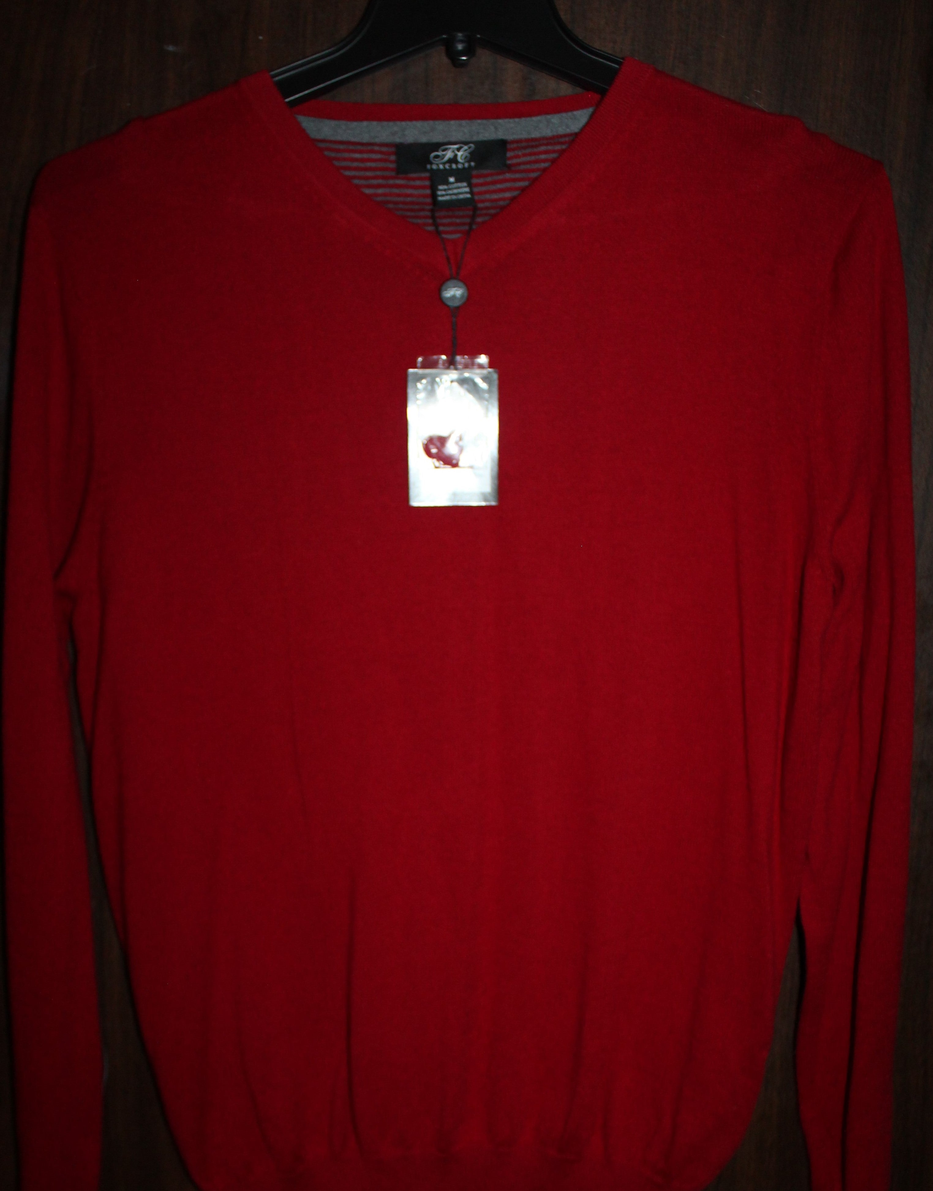 Men Long Sleeve V Neck Sweater "FOXCROFT" Size M  Red Cotton/Cashmere