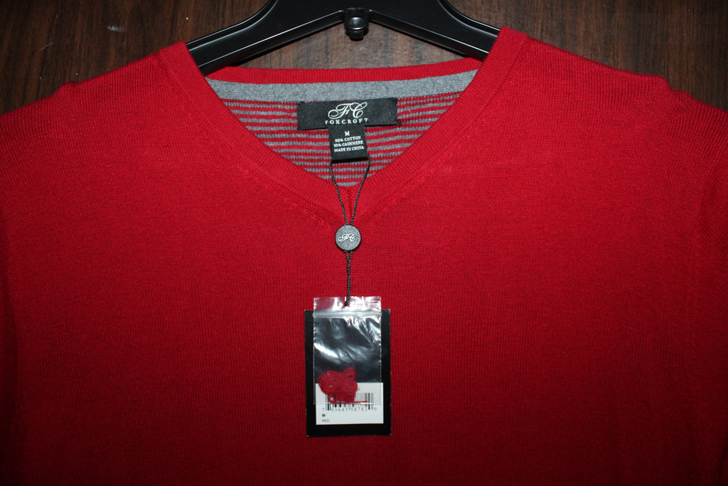 Men Long Sleeve V Neck Sweater "FOXCROFT" Size M  Red Cotton/Cashmere