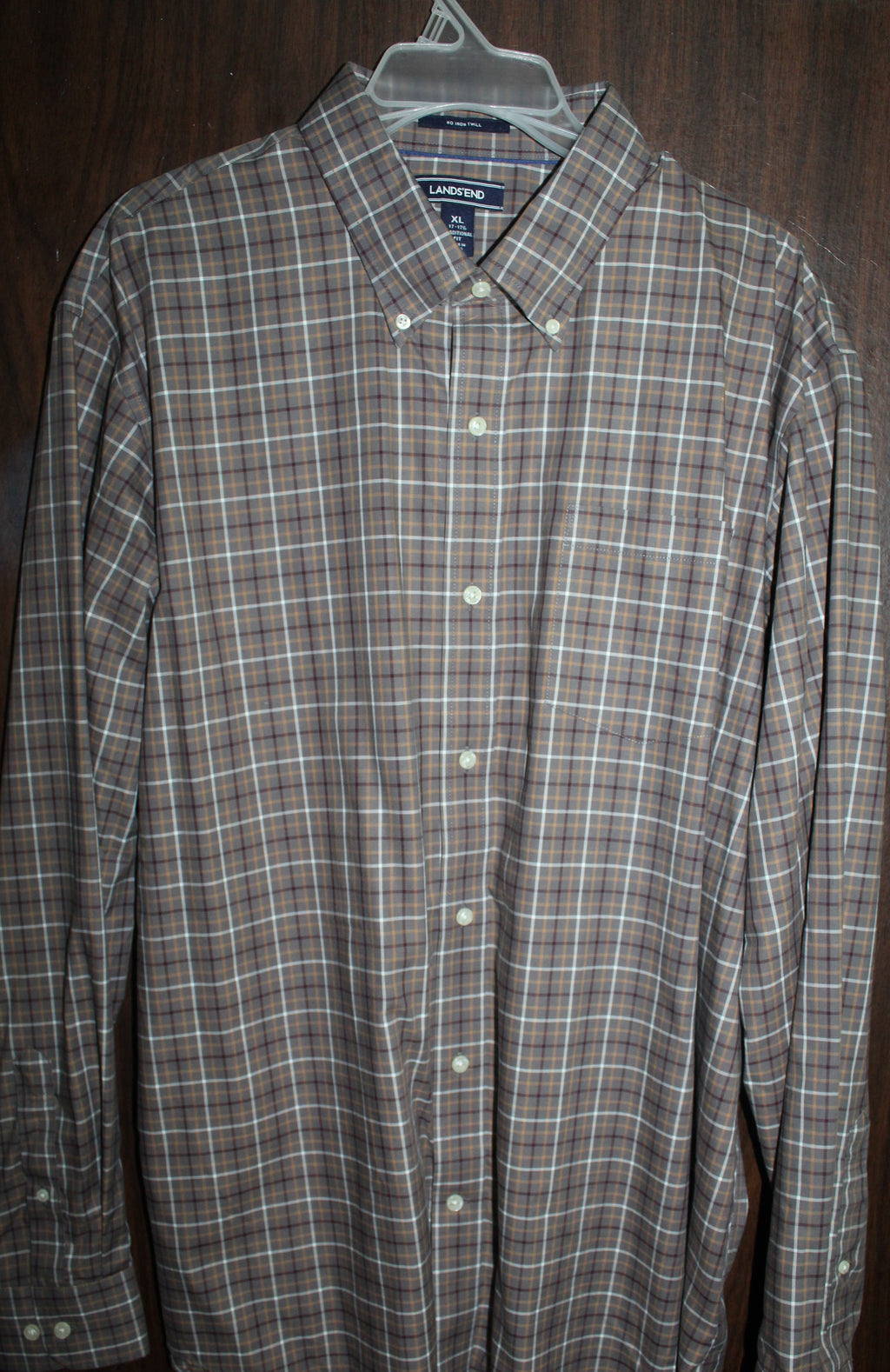 Men Shirt "LANDS'END" Size X-LARGE (17-17.5) Brown Check NWT