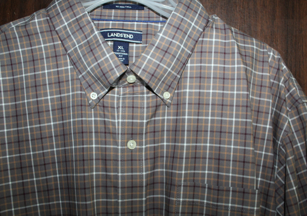 Men Shirt "LANDS'END" Size X-LARGE (17-17.5) Brown Check NWT