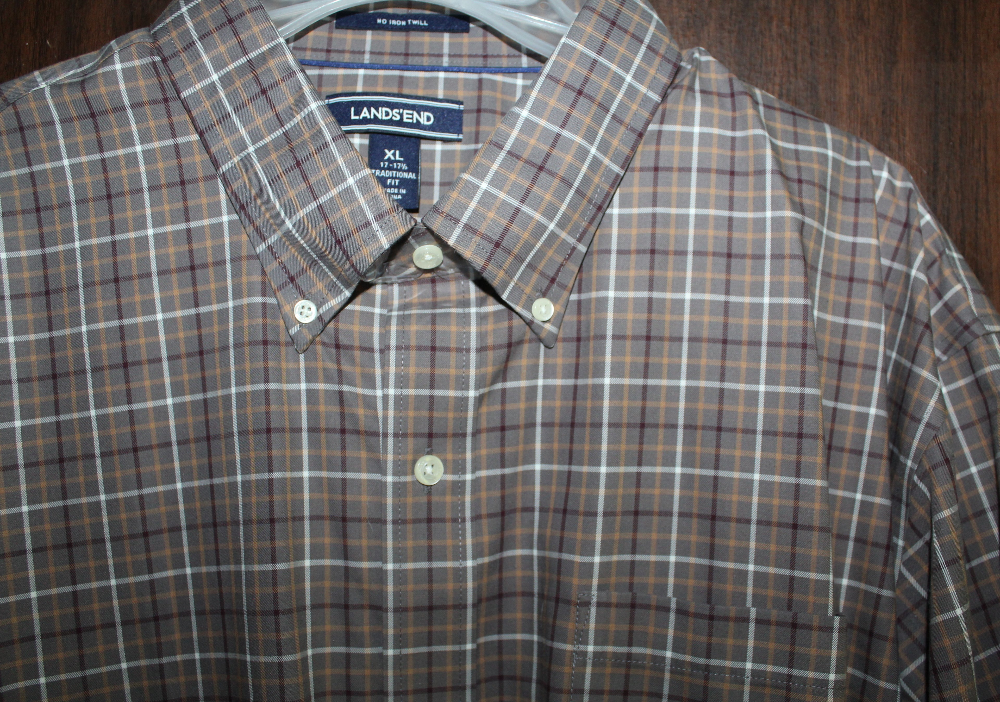 Men Shirt "LANDS'END" Size X-LARGE (17-17.5) Brown Check NWT