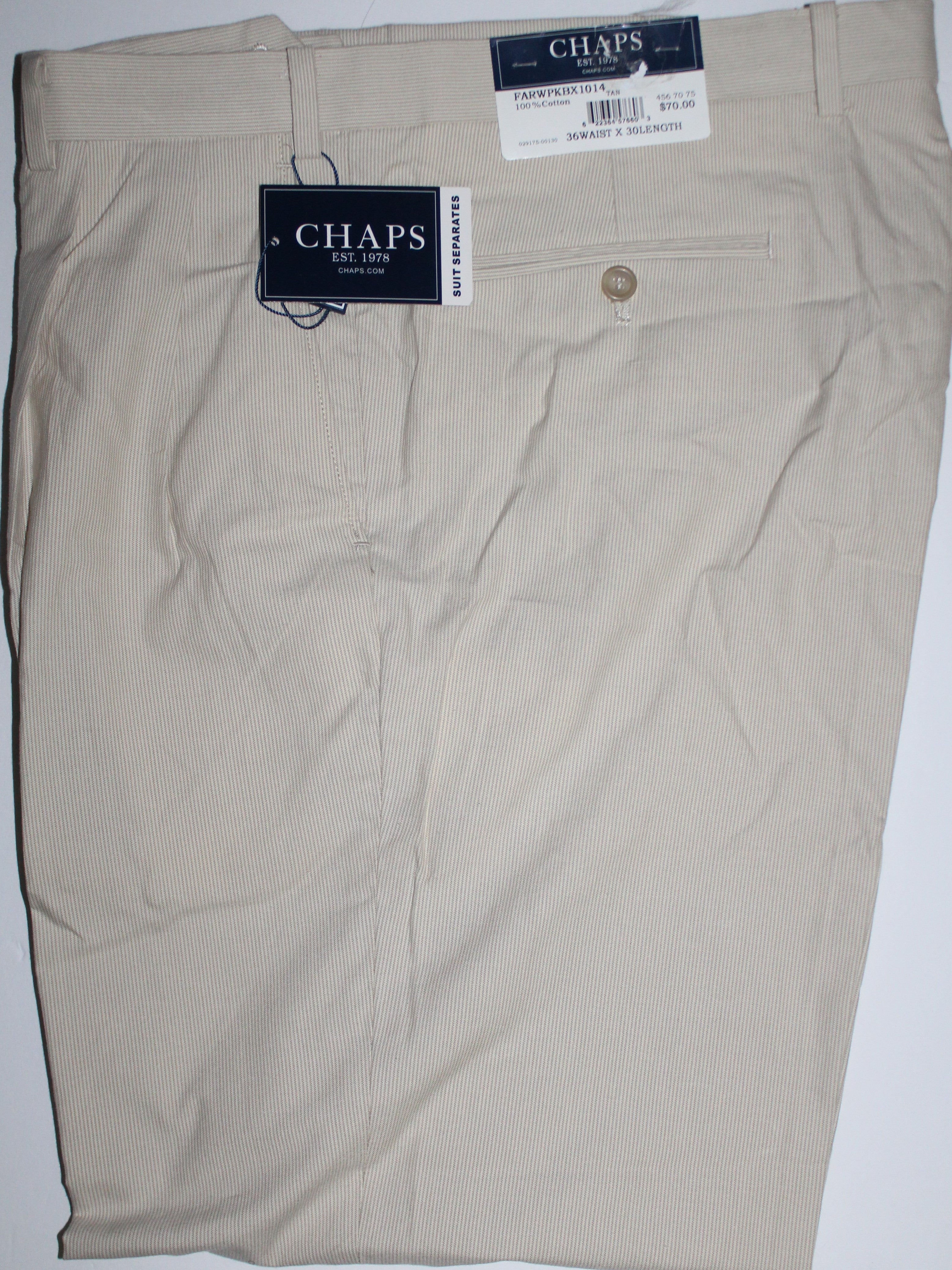 Men Slacks "CHAPS" Size 36X30 Tan Pleated Cuffed NWT