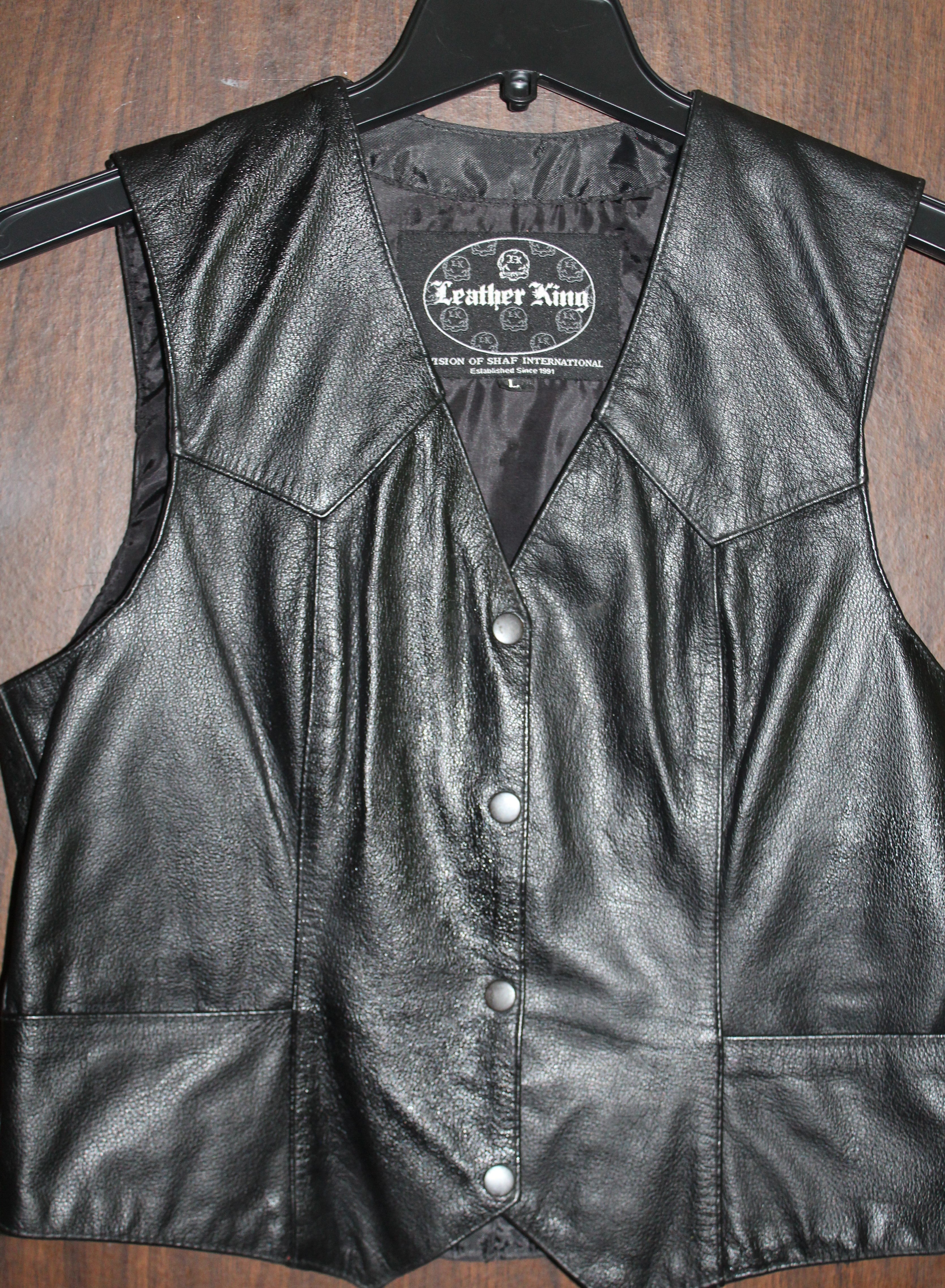 Men's Leather Vest "LEATHER KING" Size LARGE Black